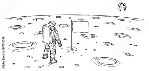Simple astronaut on moon set with flag and earth black and white line art