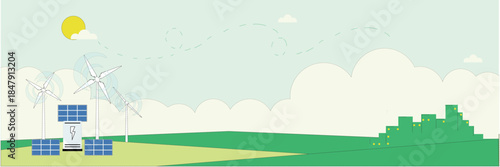 Web Green sustainable city landscape illustration featuring modern eco buildings, renewable energy sources, wind turbines, solar panels, and clean power infrastructure. Concept of environmental protec