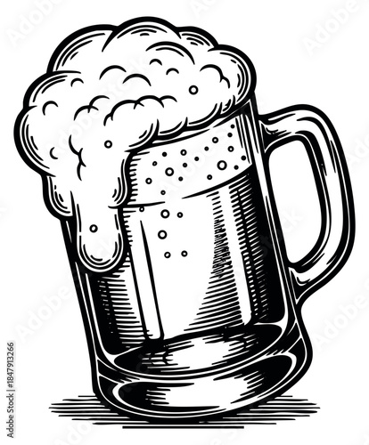 Vintage beer mug icon with foam hand drawn outline illustration