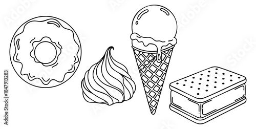 Simple dessert icon set with donut, ice cream, whipped cream, and ice cream sandwich black and white line art