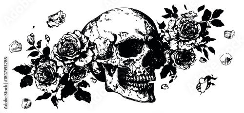 Vintage skull illustration with roses black and white line art
