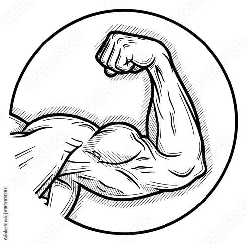 Muscular arm icon set with biceps flexing black and white line art