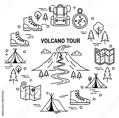 Volcano tour icon set with boots, backpack, maps, tents and compass black and white line art