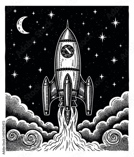 Vintage rocket launch illustration with moon and stars hand drawn outline illustration
