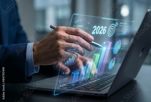 businessman's hand holding a stylus pen, interacting with a virtual holographic dashboard hovering over a laptop. The dashboard displays rising 3D bar charts, financial growth graphs, a target symbol,
