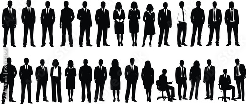 Business people silhouettes large collection, men and women standing professional poses, corporate workforce and teamwork concept, isolated black vector illustration for presentations