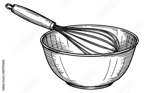 Vintage kitchen utensil set with mixing bowl and whisk hand drawn outline illustration