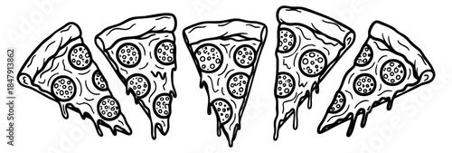 Pepperoni pizza slice set black and white line art