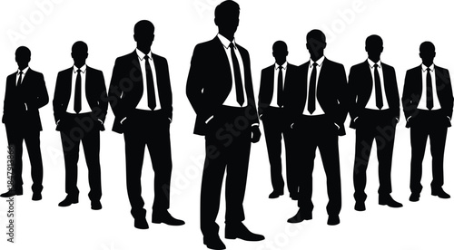 Businessmen silhouettes group illustration, confident corporate leaders in suits, professional teamwork concept, black shadow male figures set, anonymous business vector design