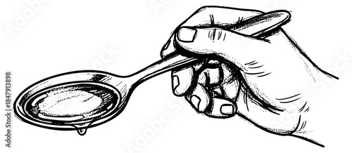 Hand drawn hand holding spoon with liquid drop sketch