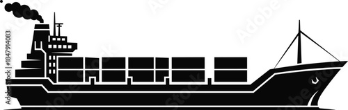 Cargo ship silhouette illustration, container vessel with stacked freight boxes, industrial maritime transport concept, black shadow ship icon, global shipping vector design