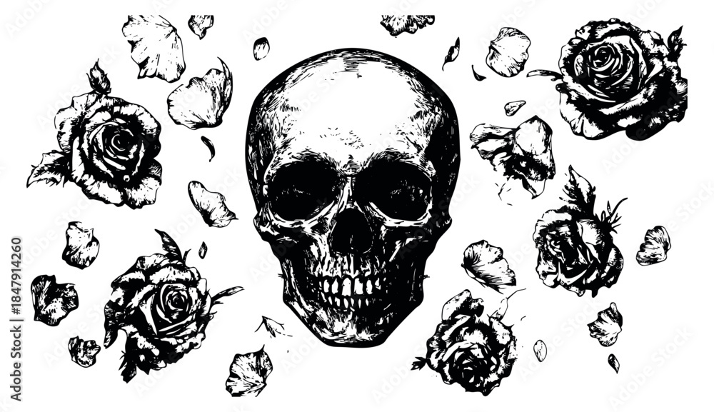 Fototapeta premium Vintage skull and rose set with scattered petals black and white line art