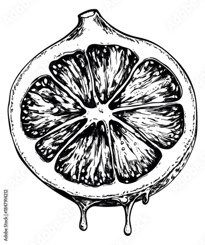 Vintage citrus fruit illustration with dripping juice hand drawn outline illustration