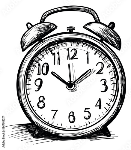 Vintage alarm clock with bells hand drawn sketch