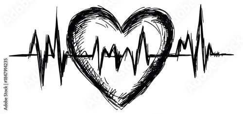 Hand drawn heart icon with heartbeat line sketch illustration