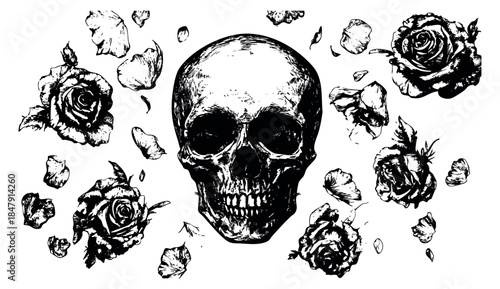 Vintage skull and rose set with scattered petals black and white line art