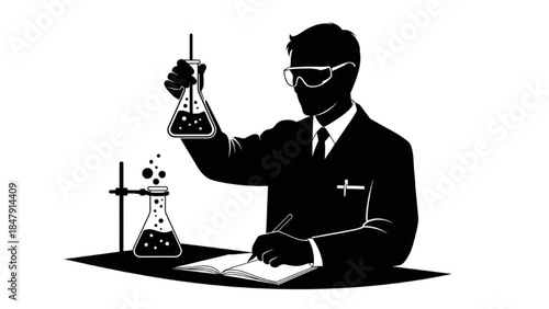 Black Silhouette Scientist Vector Conducting Lab Experiments with Flask and Notes