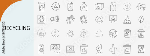 recycling and eco conservation icons, minimal line vector symbol set