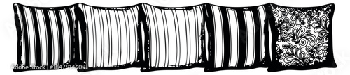 Black and white pillow set with stripes and floral pattern hand drawn outline illustration