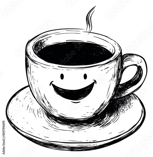 Cute coffee cup with smiling face hand drawn sketch