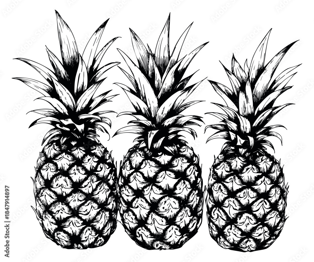 Obraz premium Pineapple set with three fruits hand drawn sketch