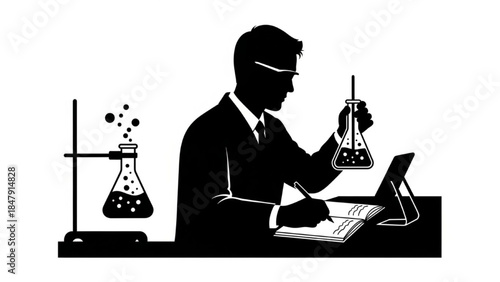 Black Silhouette Scientist Vector Conducting Lab Experiments with Flask and Notes