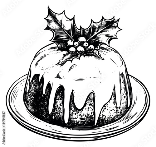 Vintage christmas pudding illustration with holly berries and leaves hand drawn outline illustration