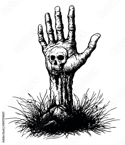 Horror hand icon with skull emerging from ground black and white line art