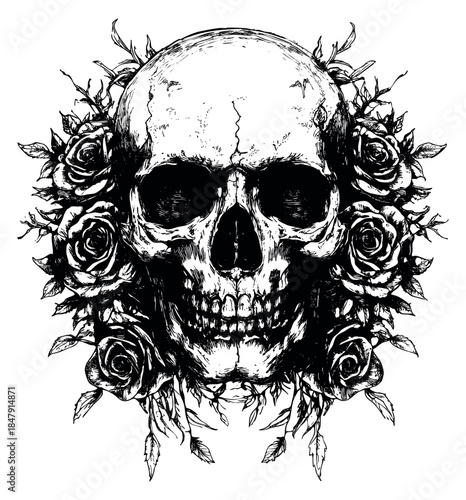 Vintage skull collection with roses and leaves hand drawn sketch