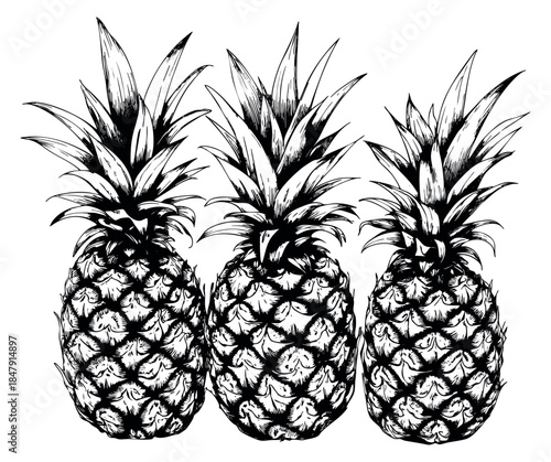 Pineapple set with three fruits hand drawn sketch