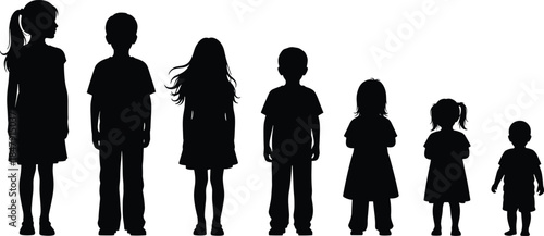 Children silhouettes growing lineup illustration, boys and girls from toddler to teenager, black shadow kids figures set, childhood development vector design
