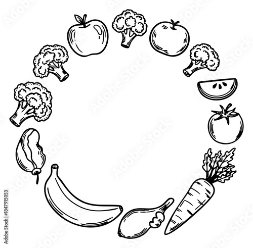 Hand drawn fruit and vegetable icon set with apple, broccoli, tomato, banana, carrot and drumstick