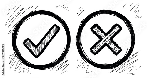 Simple checkmark and cross icon set with scribble style hand drawn outline illustration