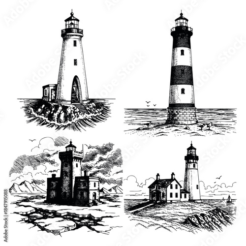 Vintage lighthouse set with rocky coast sea and clouds hand drawn sketch