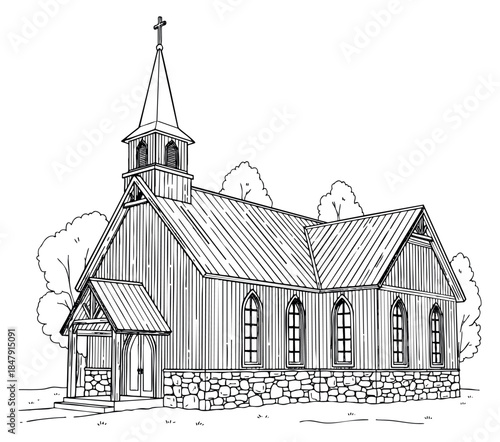 Church building illustration with steeple and stone foundation black and white line art