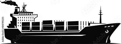 Container ship silhouette illustration, large cargo vessel with stacked freight containers, maritime logistics and global shipping industry concept, black shadow ship vector design