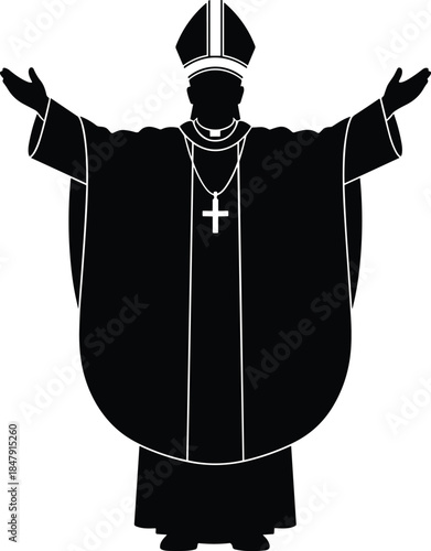 Christian priest silhouette blessing pose, religious clergy figure wearing mitre and cross, spiritual faith and worship concept, isolated black vector illustration