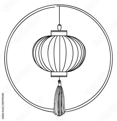 Simple chinese lantern icon with tassel black and white line art