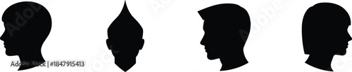 Human head silhouettes profile views set, male and female side face avatars, minimal anonymous identity concept, isolated black vector illustration for UI design