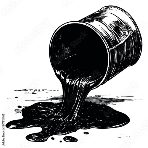 Vintage paint bucket spilling liquid ink hand drawn sketch