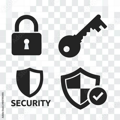 Collection of security-themed icons featuring a padlock, key, and various shield designs, symbolizing protection, safety, and access control.