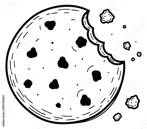 Simple chocolate chip cookie icon with bite and crumbs black and white line art