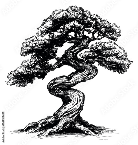 Vintage bonsai tree illustration with twisted trunk and foliage hand drawn sketch