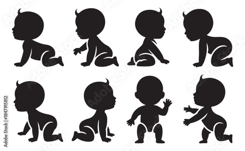 Baby silhouette icon pack showing infant crawling and sitting poses for child and parenting designs