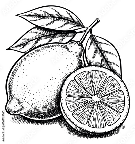 Vintage lemon illustration with leaf and slice black and white line art