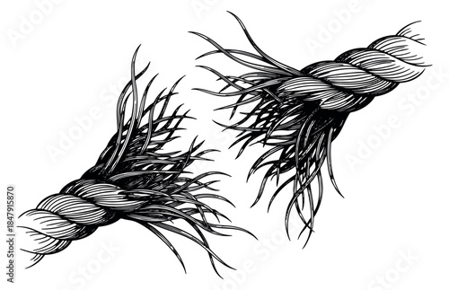 Vintage rope icon set with frayed ends black and white line art