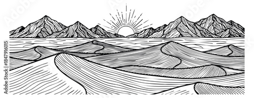 Mountain and desert landscape set with dunes and sunrise black and white line art