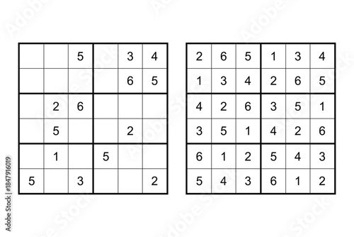 Vector sudoku with answer. Educational game with numbers for kids and leisure for adult on white background.	

