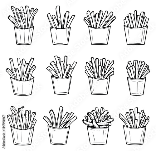 Hand drawn french fries icon set with containers black and white line art