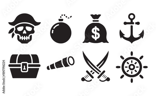Pirate silhouette icon pack with skull, treasure, anchor, and maritime adventure symbols